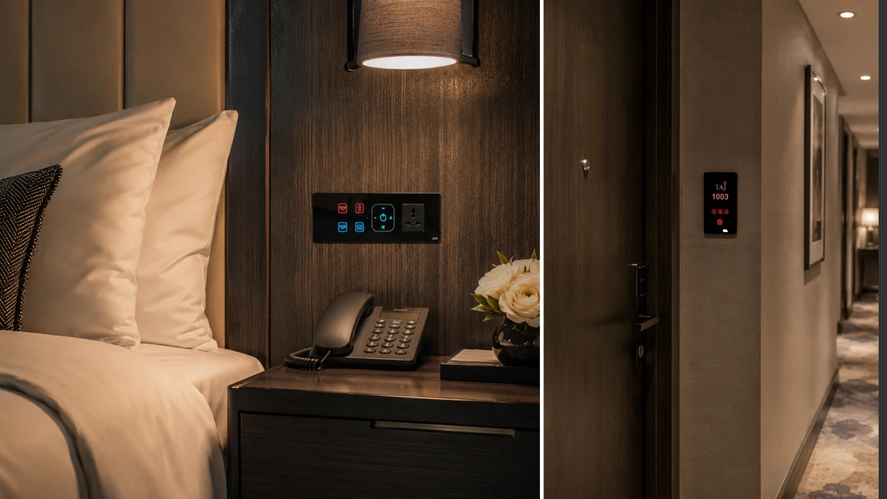 Wireless hotel room automation with guest control panel and mood lighting